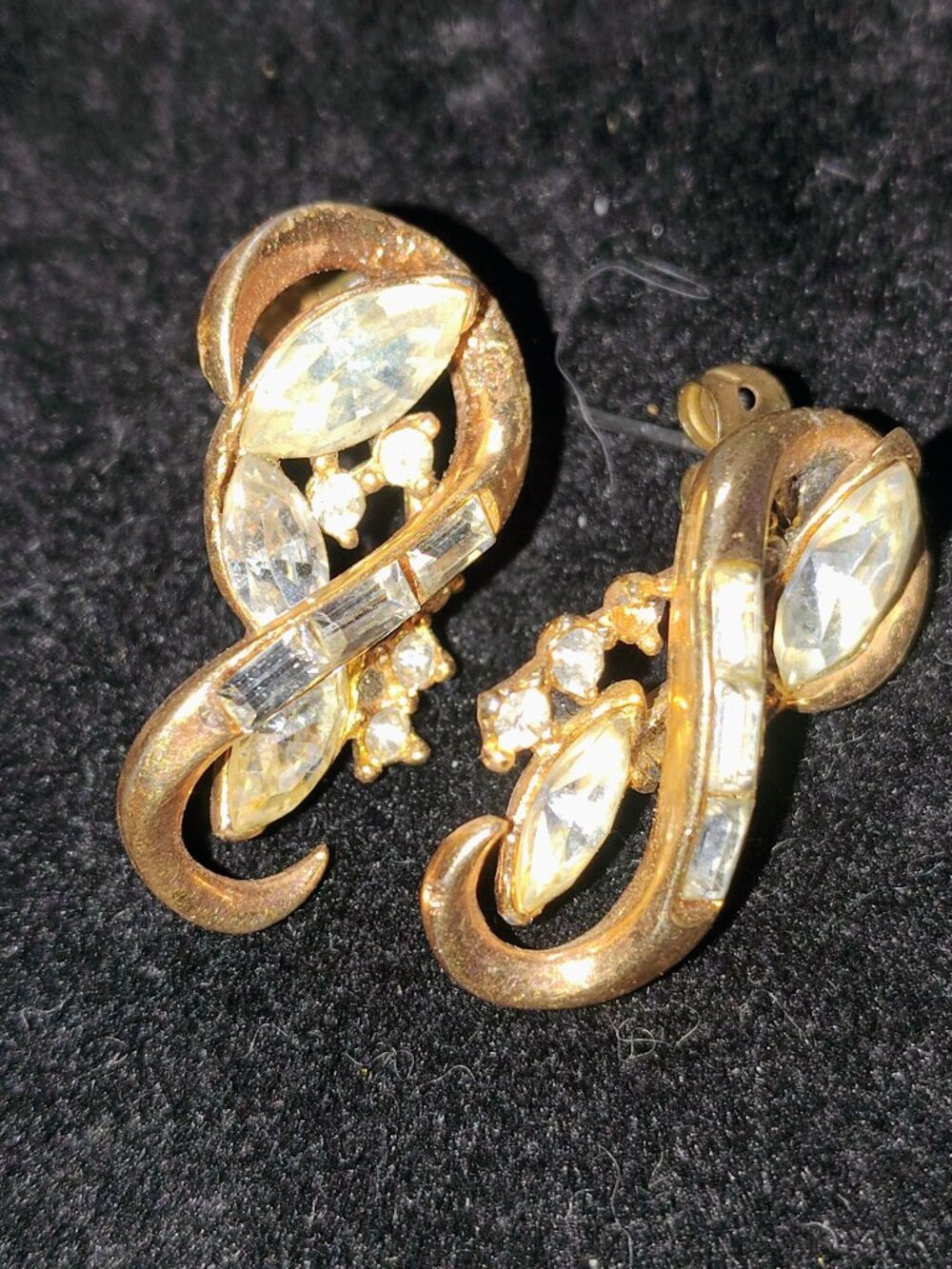 Vintage Mid‑Century Rhinestone Swirl Earrings – Gold‑Tone – Converted Posts